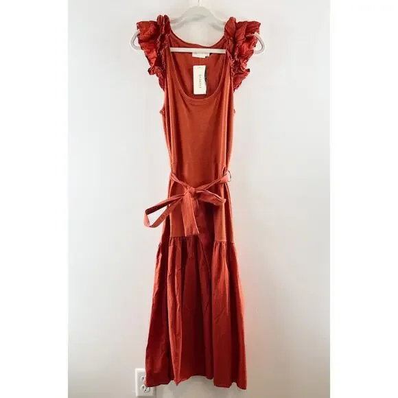 Nation LTD Everly Frilly Ruffle Strap Tiered Cotton Midi Dress Cayene Red Small - Picture 4 of 11